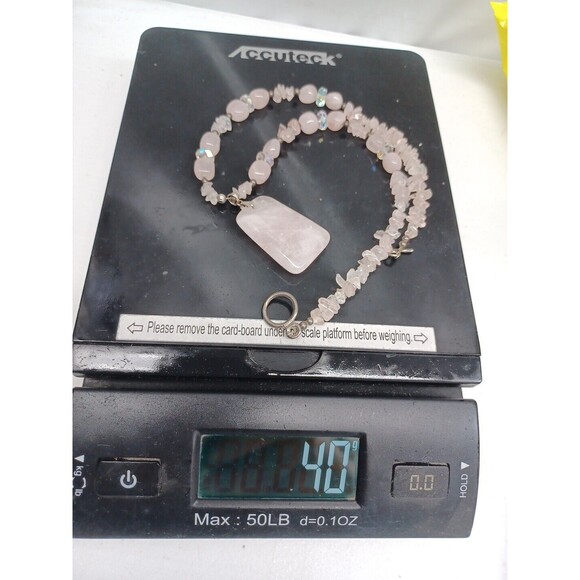 Vtg Pink Rose Quartz Bead Pendant Chocker Necklace - Picture 9 of 9